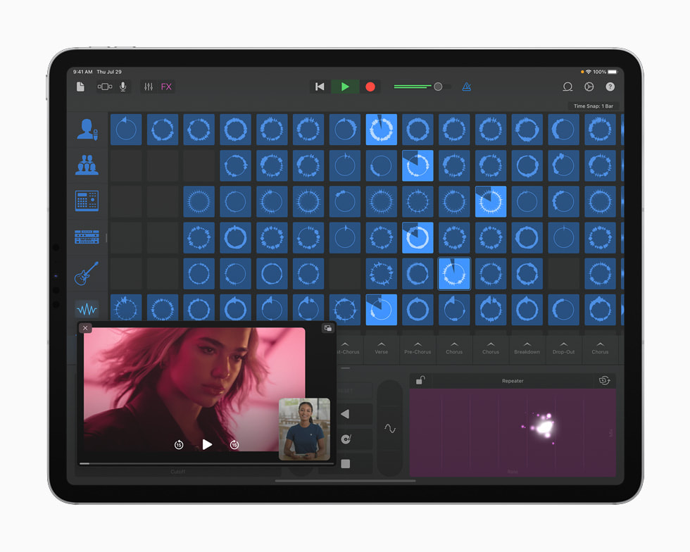 iPad Pro’da GarageBand uygulamasında Dua Lipa Remiks Oturumu gösteriliyor.