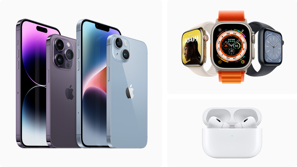 Bildet viser den nye iPhone 14-serien, den nye Apple Watch-serien og nye AirPods Pro.
