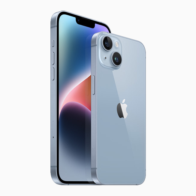 iPhone 14 og iPhone 14 Plus vist i den nye blå finishen.