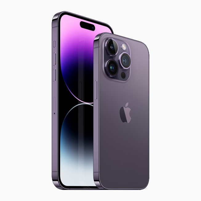 iPhone 14 Pro og iPhone 14 Pro Max vist i den nye mørkelilla finishen.