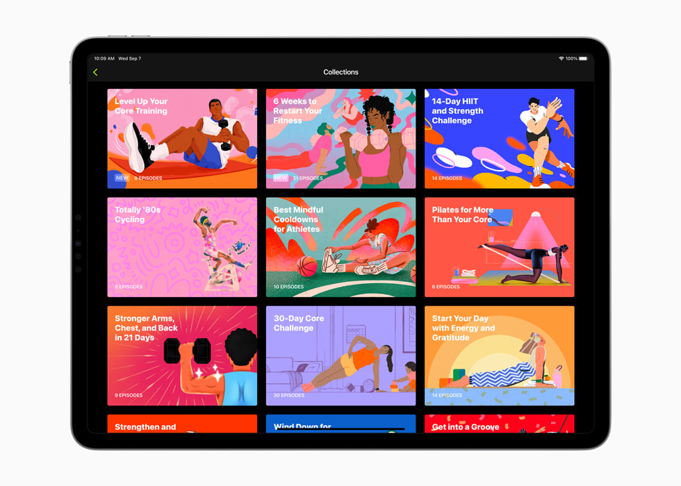 Se muestran las colecciones de Fitness+ en un iPad.