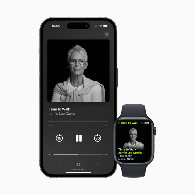 El episodio de Hora de Caminar de la actriz Jamie Lee Curtis en un iPhone y un Apple Watch.