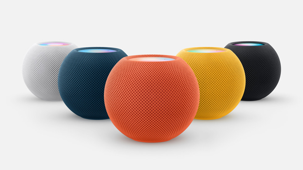 화이트, 블루, 오렌지, 옐로, 스페이스 그레이 색상의 새로운 HomePod mini.