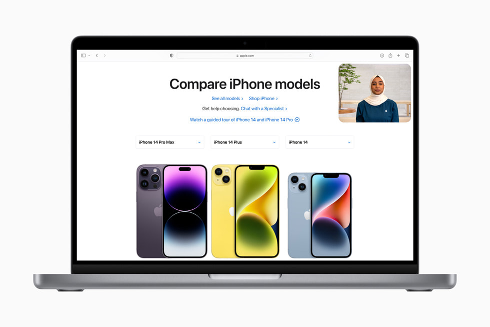 Shop met een Specialist via Video op een pagina van [Apple.com] (https://hkzl.ydso.xyz) met de tekst ‘Vergelijk alle iPhone-modellen’ en afbeeldingen van iPhone 14 Pro Max, iPhone 14 Plus en iPhone 14.