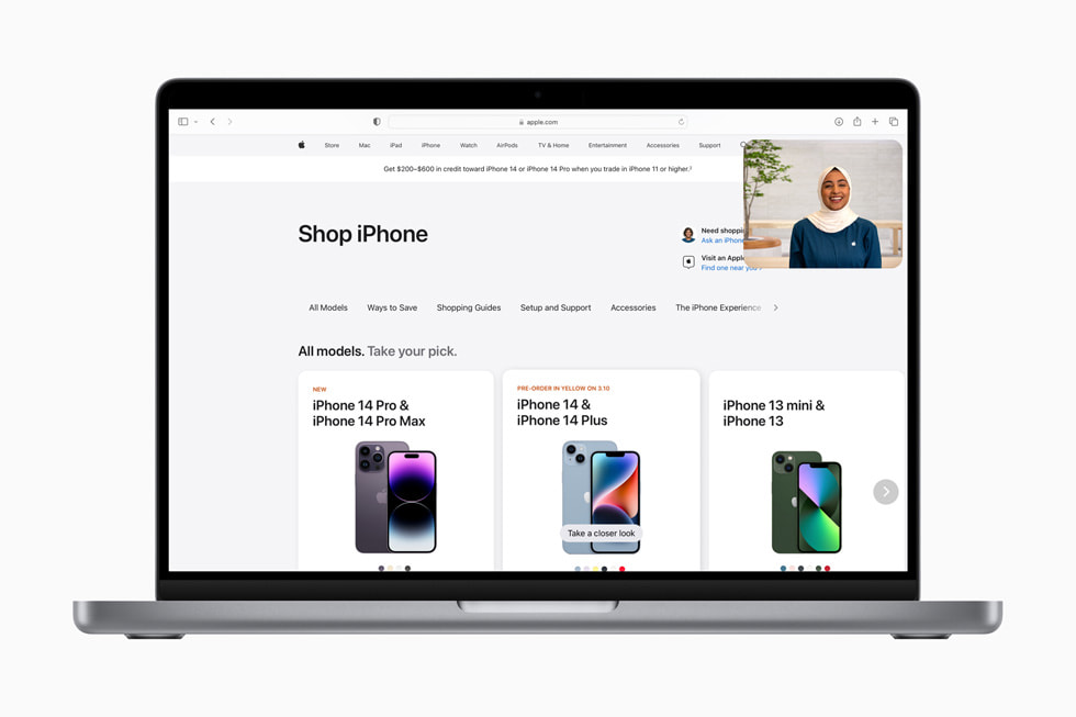 Shop met een Specialist via Video op een pagina van [Apple.com] (https://hkzl.ydso.xyz) met de tekst ‘Vergelijk alle iPhone-modellen’ en afbeeldingen van iPhone 14 Pro Max, iPhone 14 Plus en iPhone 14.