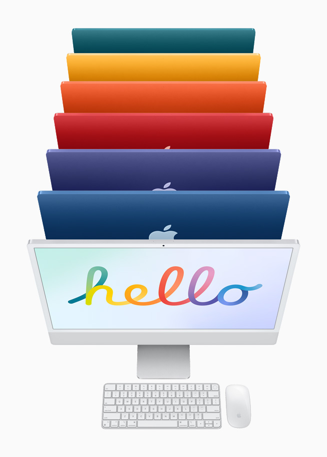 Gümüş rengi iMac ve aynı renkteki Magic Keyboard ile Magic Mouse, arkasında altı ayrı renkte iMac.