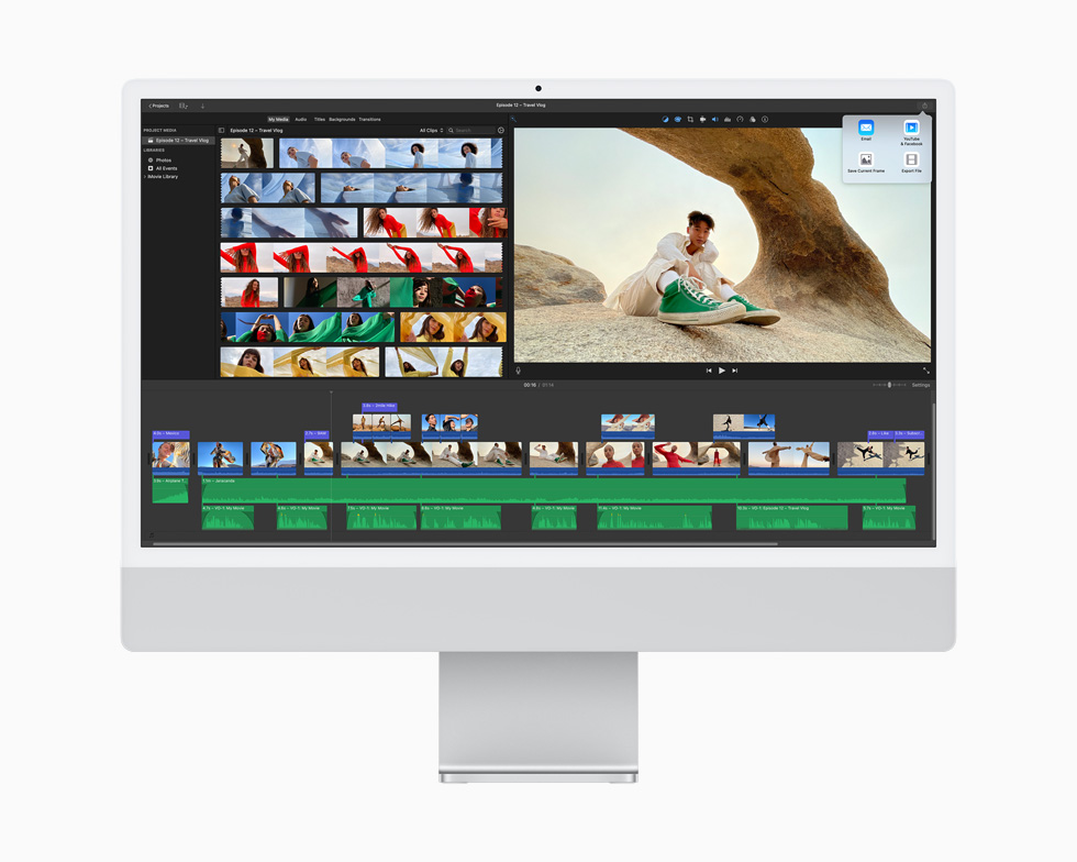 Gümüş rengi bir iMac’te, iMovie uygulaması kullanılarak kurgulanan bir video projesi gösteriliyor.
