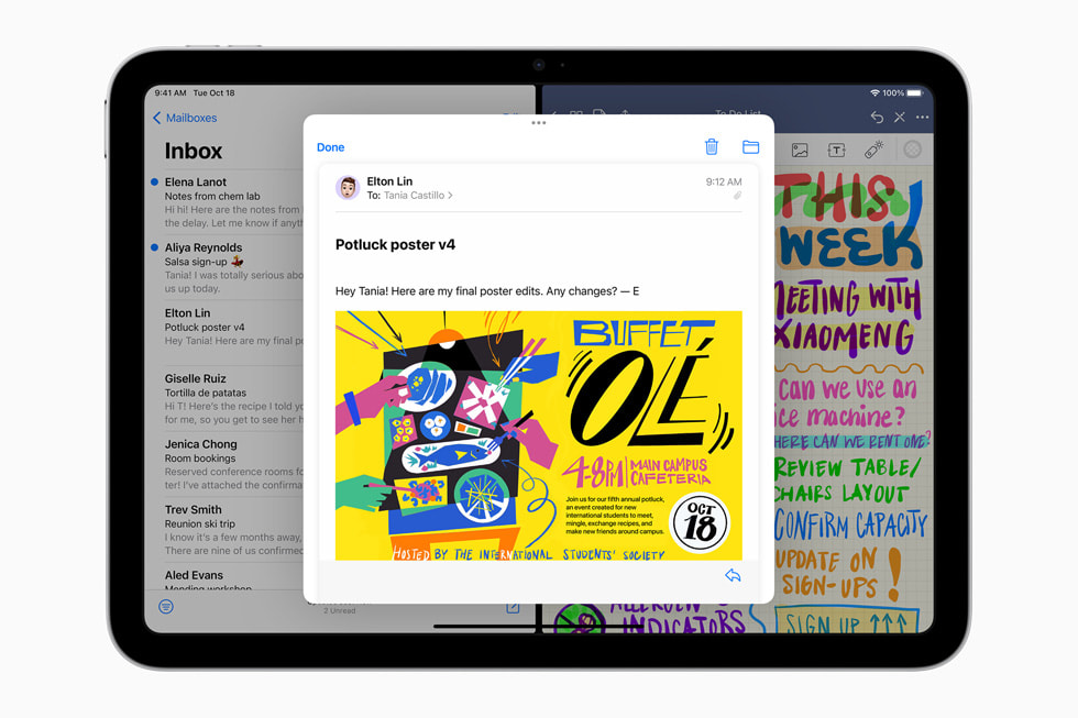 Split View in Mail in iPadOS 16 op de nieuwe iPad.