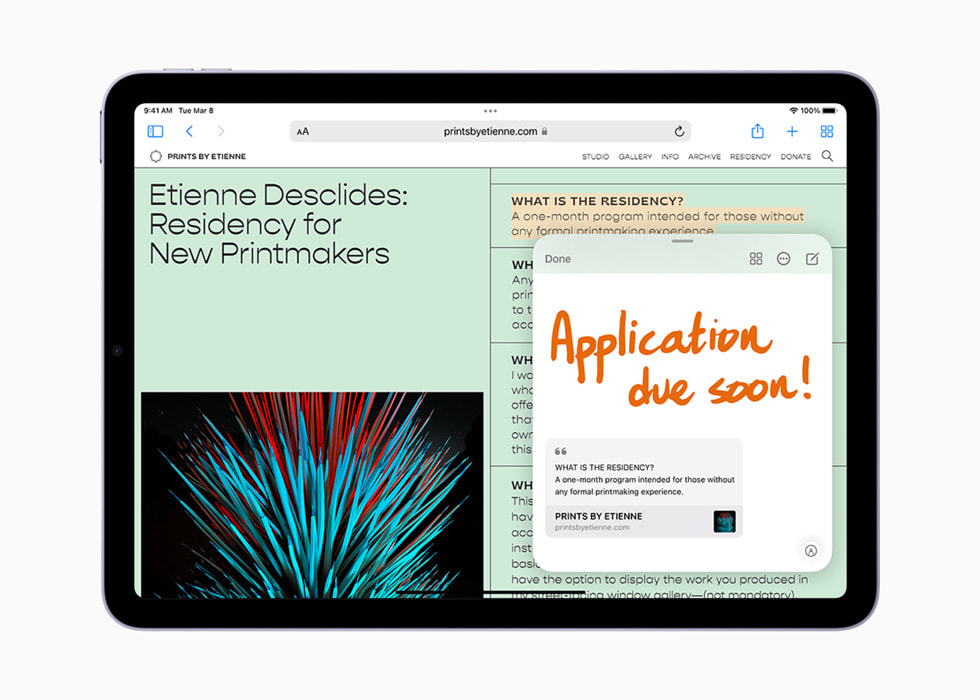 iPadOS 15を搭載した新しいiPad Airに表示されたクイックメモ。
