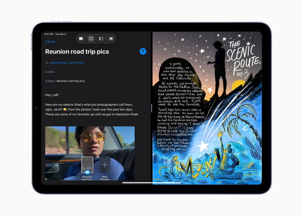 iPad AirにSplit Viewで表示されているEメールとホーム画面。