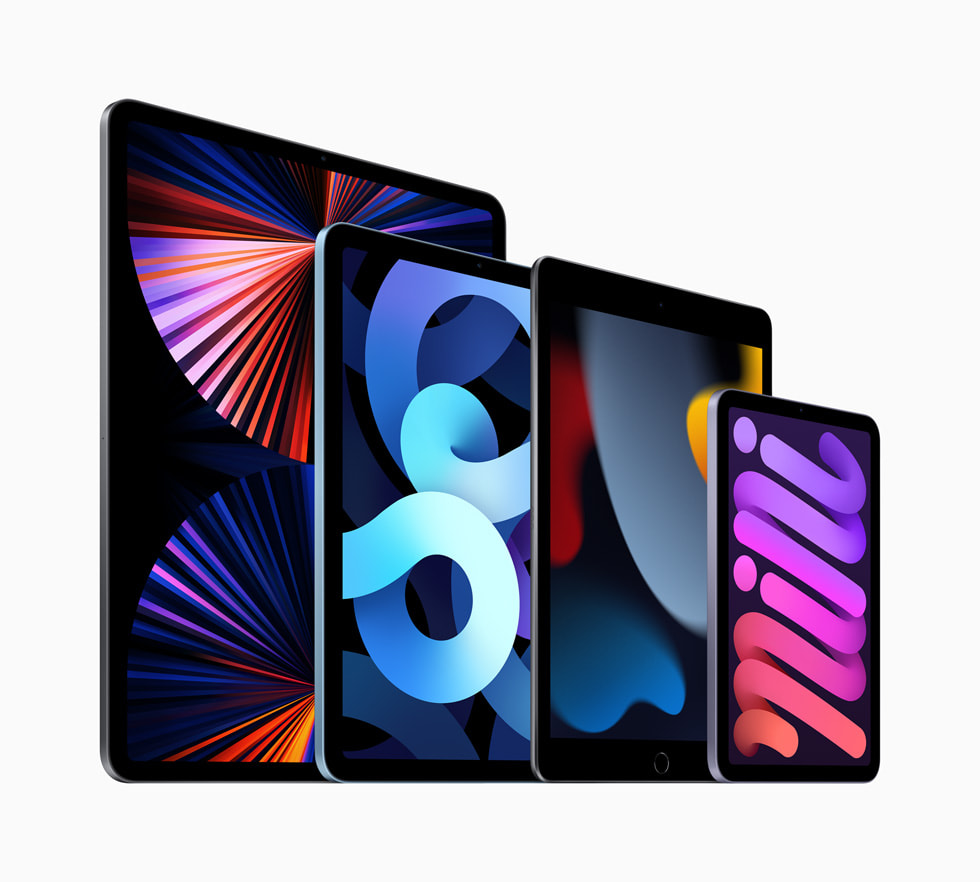 La gama de iPad completa, incluyendo el nuevo iPad, el iPad Pro, el nuevo iPad mini y el iPad Air. 