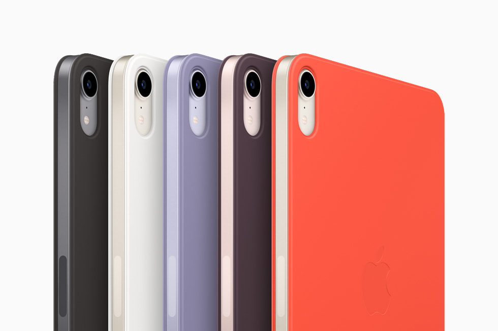 iPad için yeni Smart Folio Siyah, beyaz, koyu kiraz, İngiliz lavantası ve elektrik turuncusu renk seçenekleriyle.