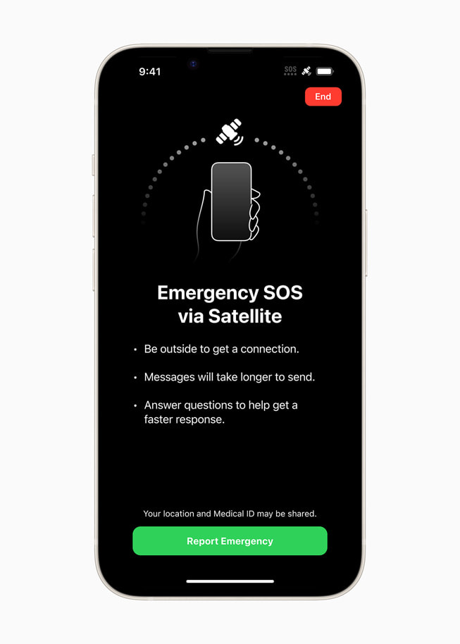 En iPhone-skjerm hvor det står «Nødanrop (SOS) via satellitt», gir brukeren beskjed om å være ute for å få kontakt, advarer om at det vil være en forsinkelse ved sending av meldinger, og ber brukeren om å svare på spørsmål for å få raskere svar.