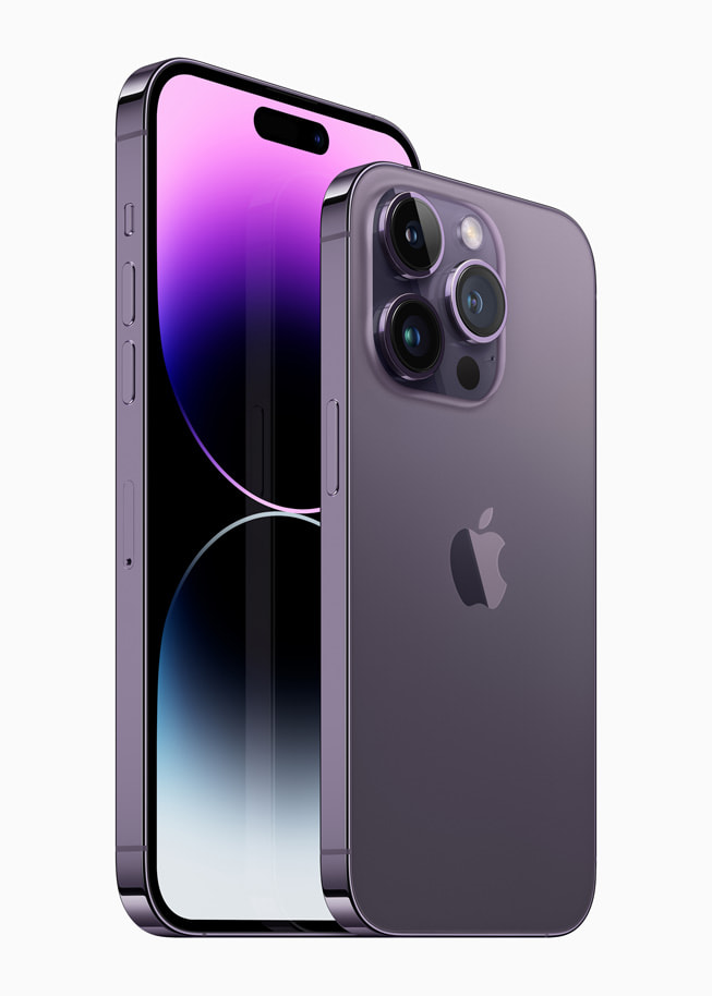 iPhone 14 Pro og iPhone 14 Pro Max vist i mørk lilla.
