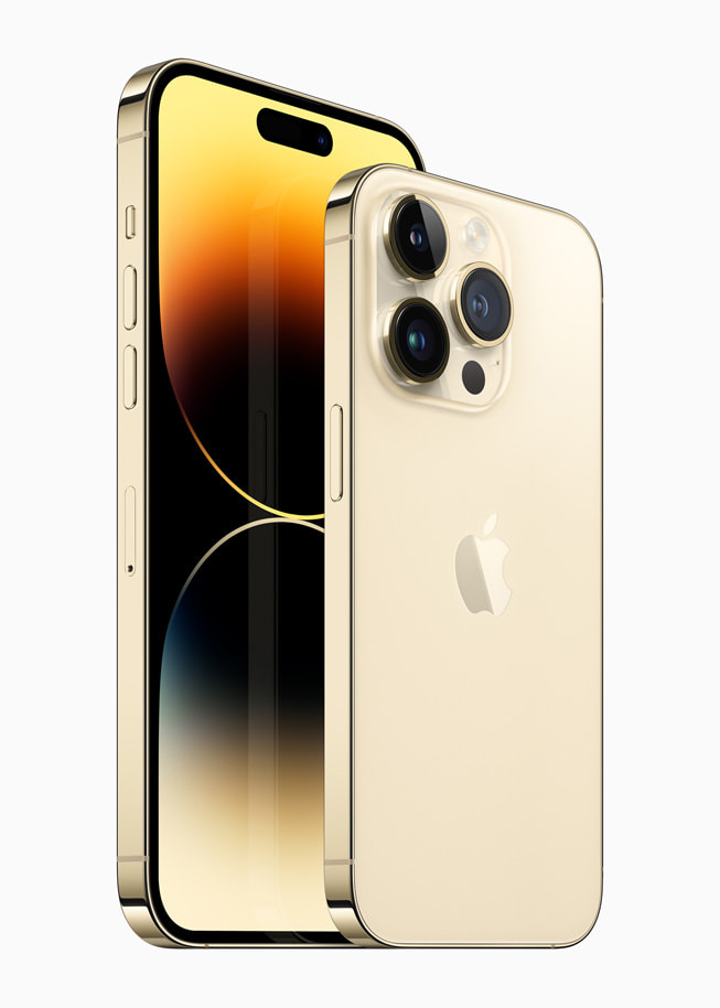 iPhone 14 Pro og iPhone 14 Pro Max vist med gullfinish.