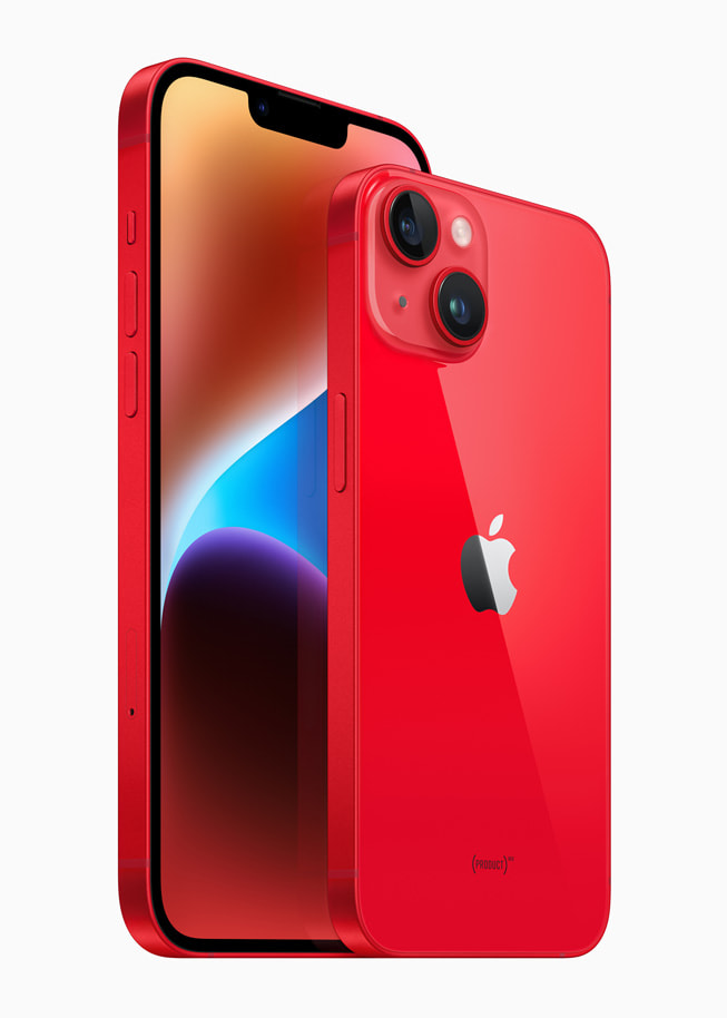 iPhone 14 og iPhone 14 Plus vist i finishen (PRODUCT)RED.