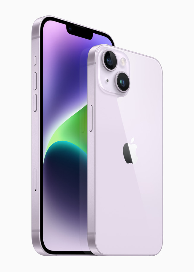iPhone 14 og iPhone 14 Plus vist i finishen lilla.