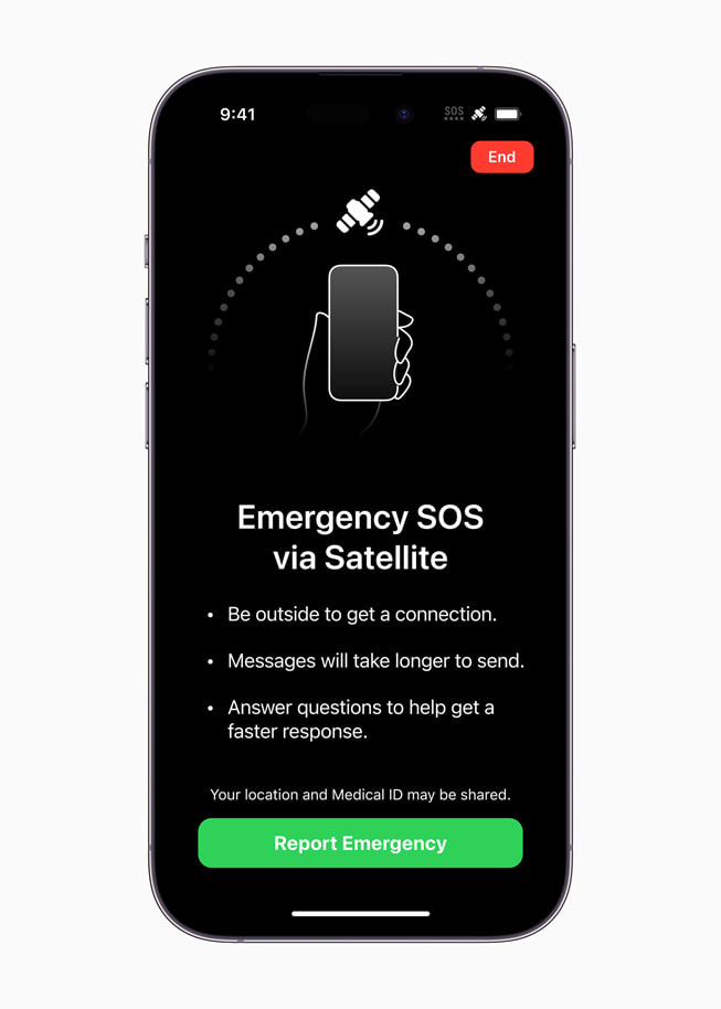 En iPhone-skjerm hvor det står «Nødanrop (SOS) via satellitt», gir brukeren beskjed om å være ute for å få kontakt, advarer om at det vil være en forsinkelse ved sending av meldinger, og ber brukeren om å svare på spørsmål for å få raskere svar.