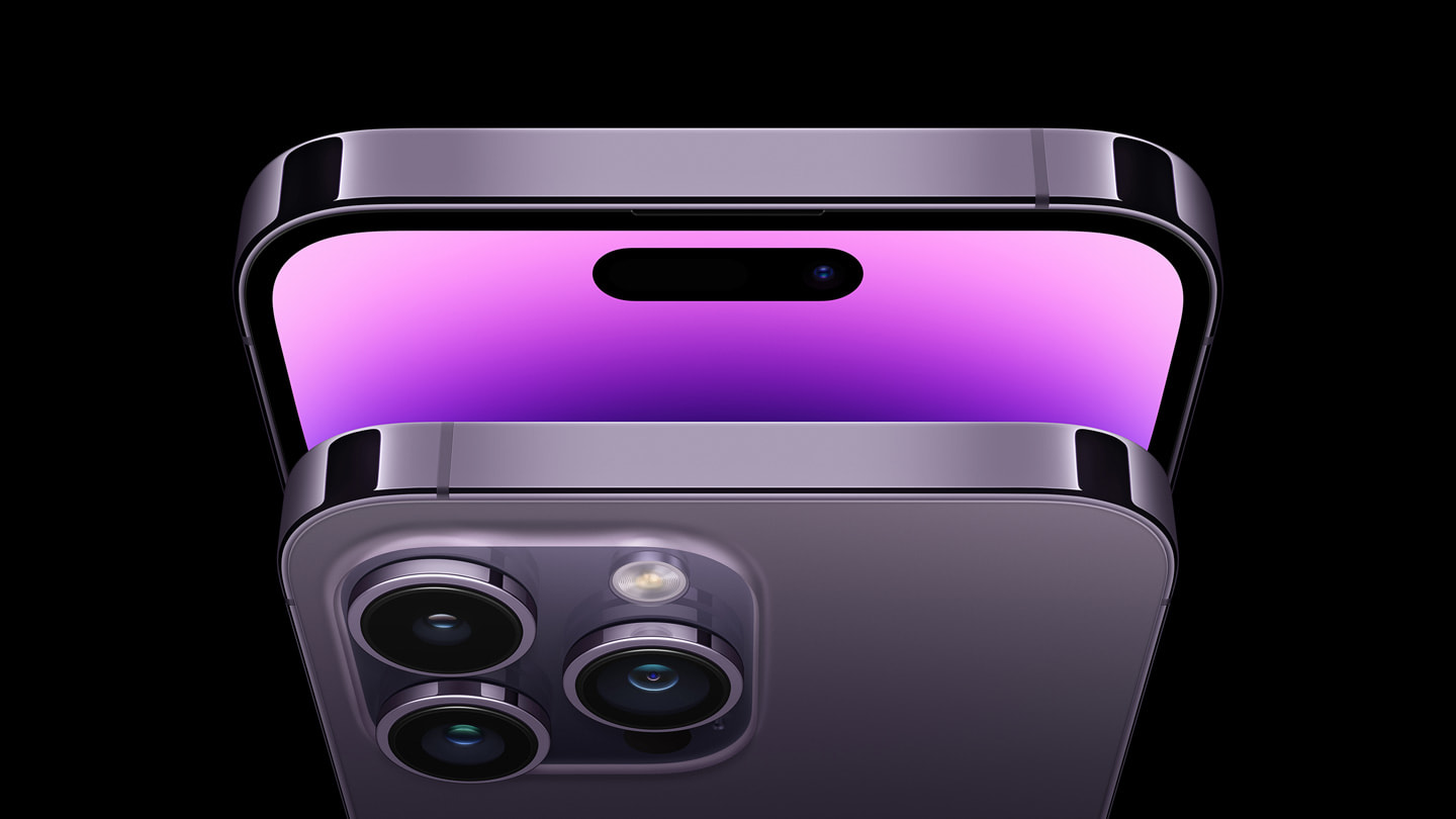 Nærbilde av iPhone 14 Pro og iPhone 14 Pro Max tatt ovenfra.