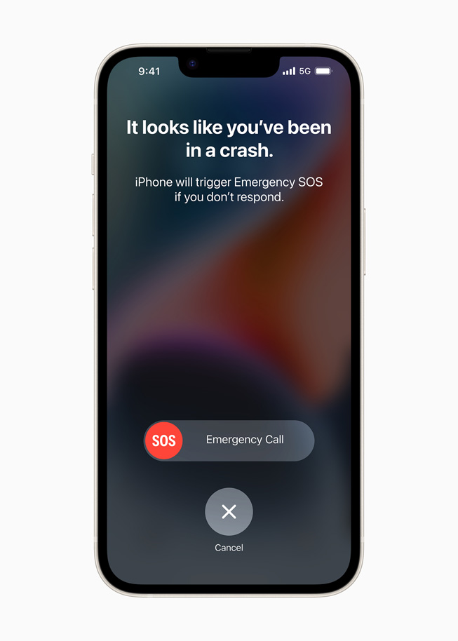 På iPhone-skjermen vil det stå «Det ser ut som du har vært i en kollisjon», med beskjed om at enheten vil aktivere Nødanrop (SOS) hvis brukeren ikke responderer.