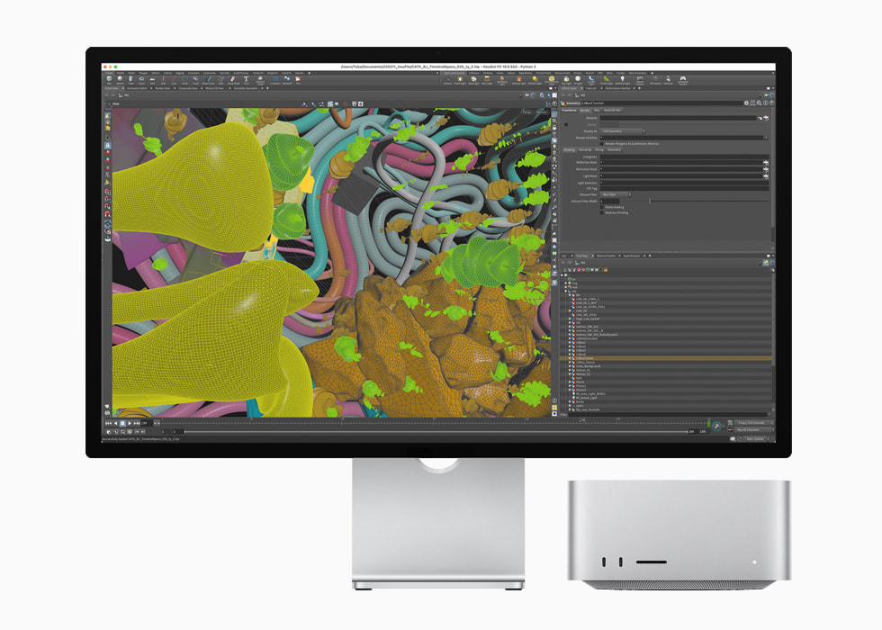 Houdini-appen vist på Studio Display og Mac Studio med power fra M1 Ultra.