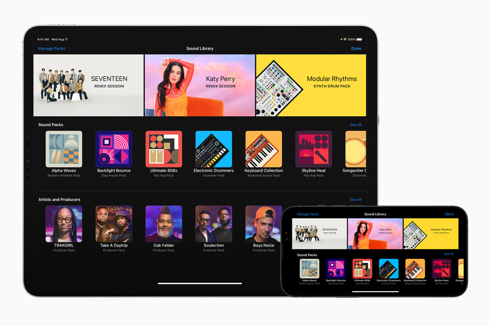 iPad Pro 및 iPhone 13 Pro에 설치된 GarageBand의 케이티 페리 및 세븐틴 리믹스 세션.
