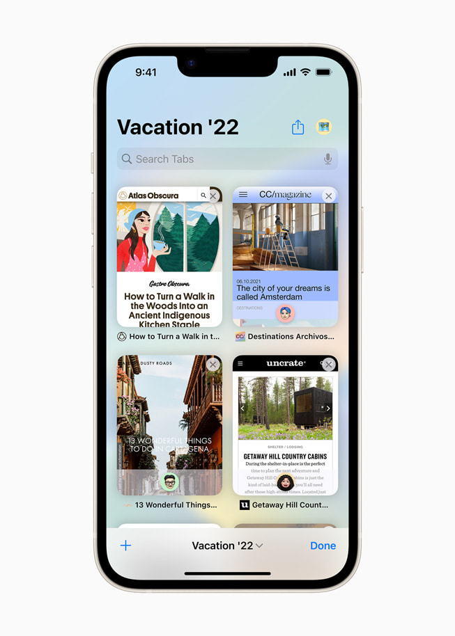 Delte Fanegrupper i Safari med iOS 16 på iPhone 14.
