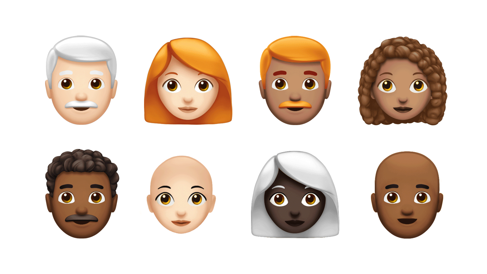 Kır saçlı, kızıl saçlı ve kıvırcık saçlı dahil, yeni emoji tasarımlarını gösteren iki satır.