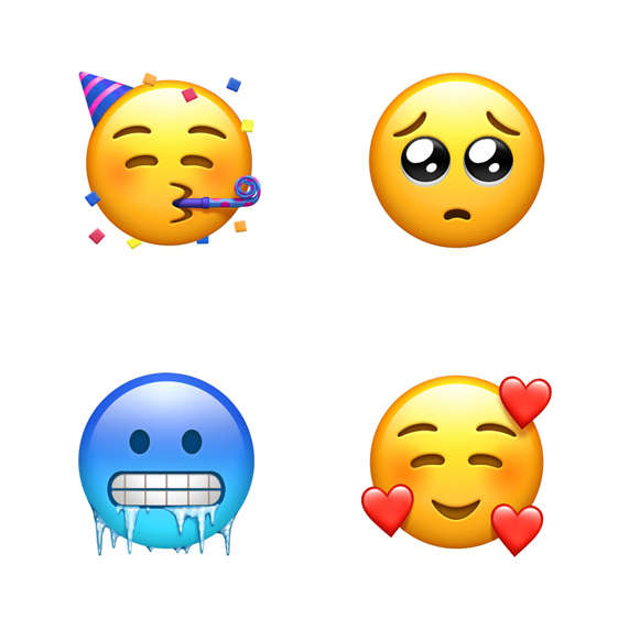 Sol üstten itibaren saat yönünde dört emoji: parti yüzü, yalvaran yüz, kalpli yüz ve soğuk yüz.