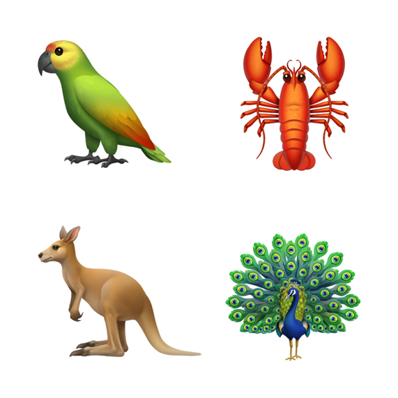 Sol üstten itibaren saat yönünde dört emoji: papağan, ıstakoz, tavus kuşu ve kanguru.