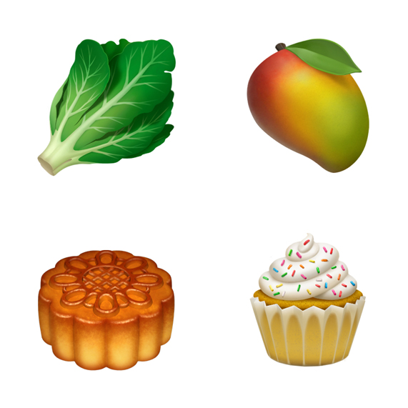 Sol üstten itibaren saat yönünde dört emoji: marul, mango, top kek ve ay pastası.