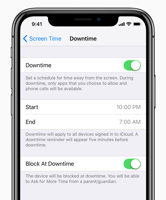 iPhone X ekranı Device Downtime menüsünü gösteriyor. 
