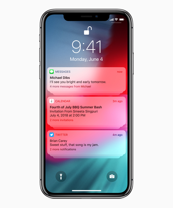 iPhone X ekranı, Mesajlar, Takvim ve Twitter uygulamalarından bildirimler gösteriyor. 