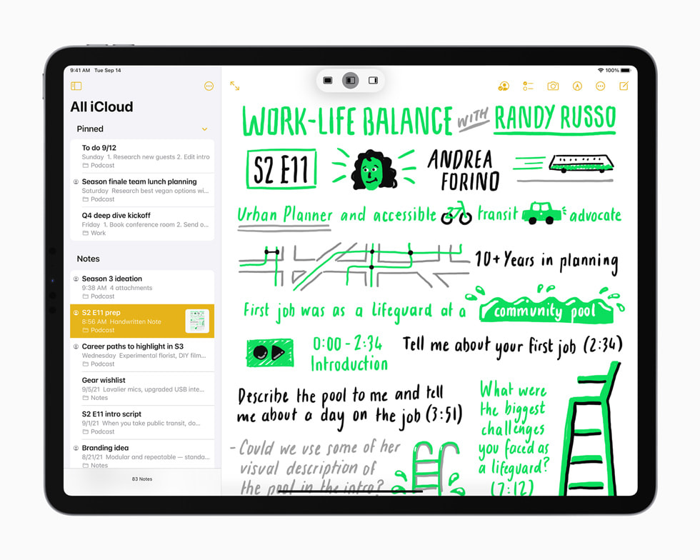 新しいiPadのメモアプリケーションに表示されたマルチタスクメニューバー。