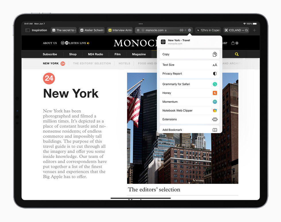 Página de Safari rediseñada en un iPad Pro con iPadOS 15.