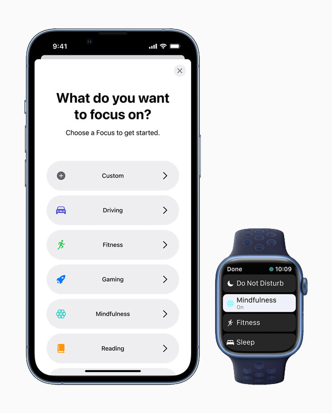 watchOS 8 understøtter Fokus, som er en række avancerede værktøjer, der blev introduceret i iOS 15, for at hjælpe brugerne med at reducere distraktioner og være mere til stede i nuet. 