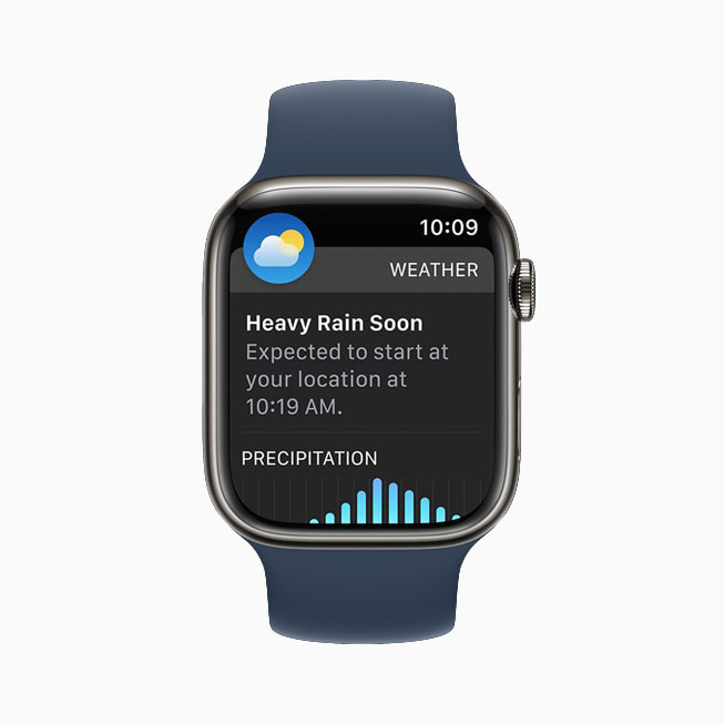 Vejr-appen i watchOS 8 vist på Apple Watch Series 7.