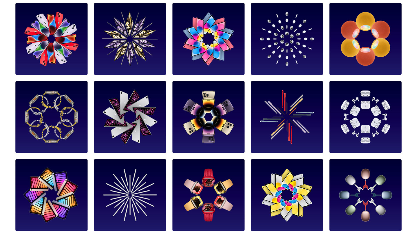 Imagen de nuevos productos Apple dispuestos en forma de copos de nieve.