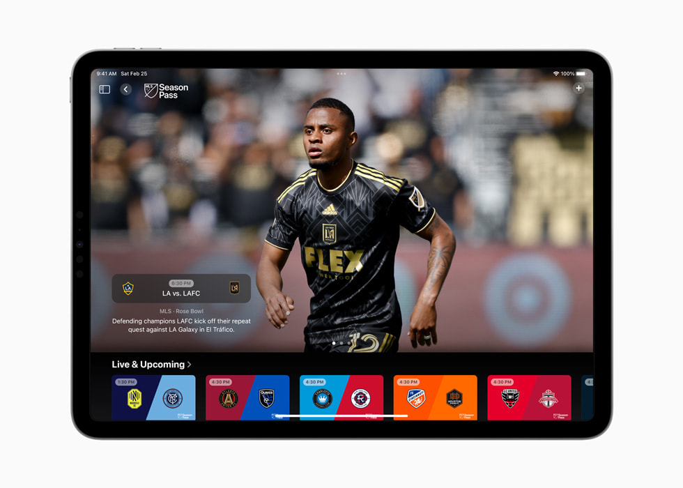 MLS Season Pass on the Apple TV app featuring Los Angeles FC on iPad Pro.
