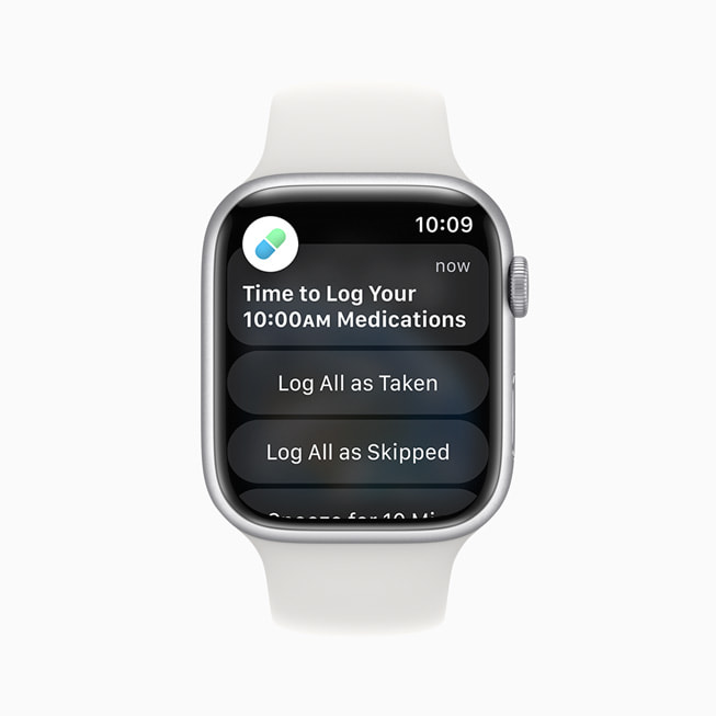Den nye Medisiner-appen vist på Apple Watch Series 8.