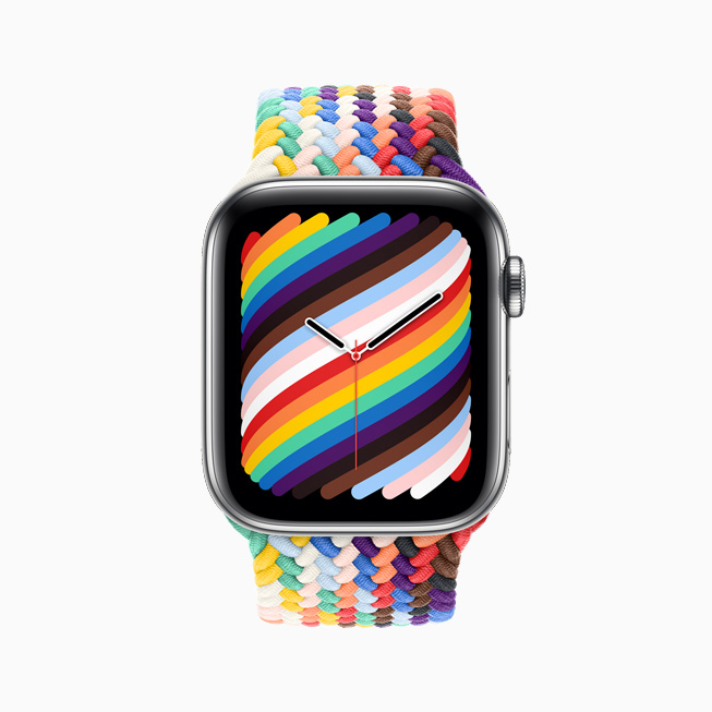 Apple Watch için Pride Edition Örgü Solo Loop ve Pride kadranının önden görünümü.