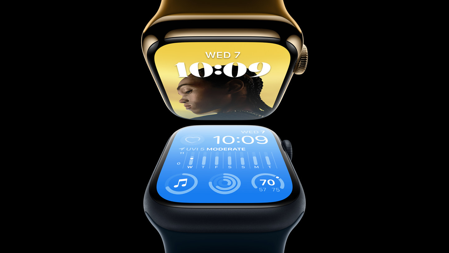 Apple Watch Series 8 i gullfarget rustfritt stål svever over nye Apple Watch SE. 