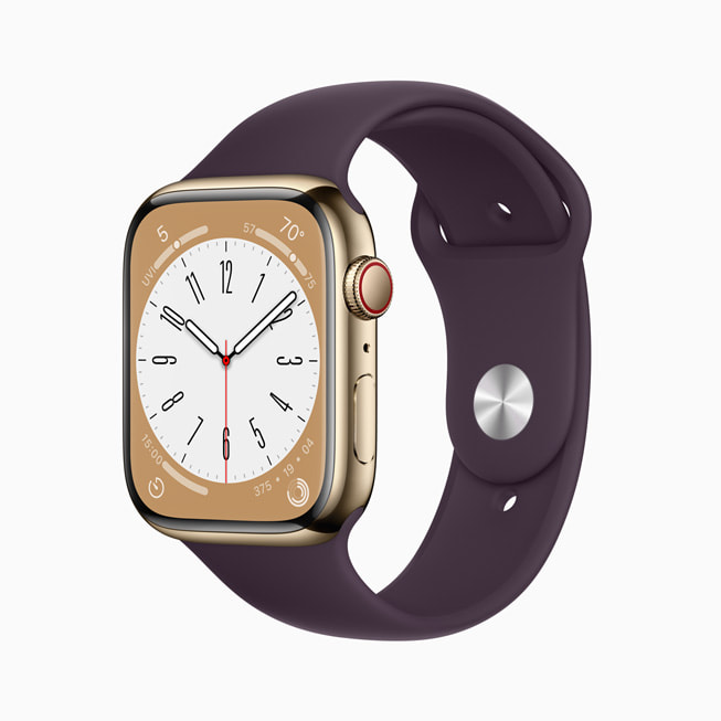 Nye Apple Watch Series 8 av rustfritt stål i gullfinish.
