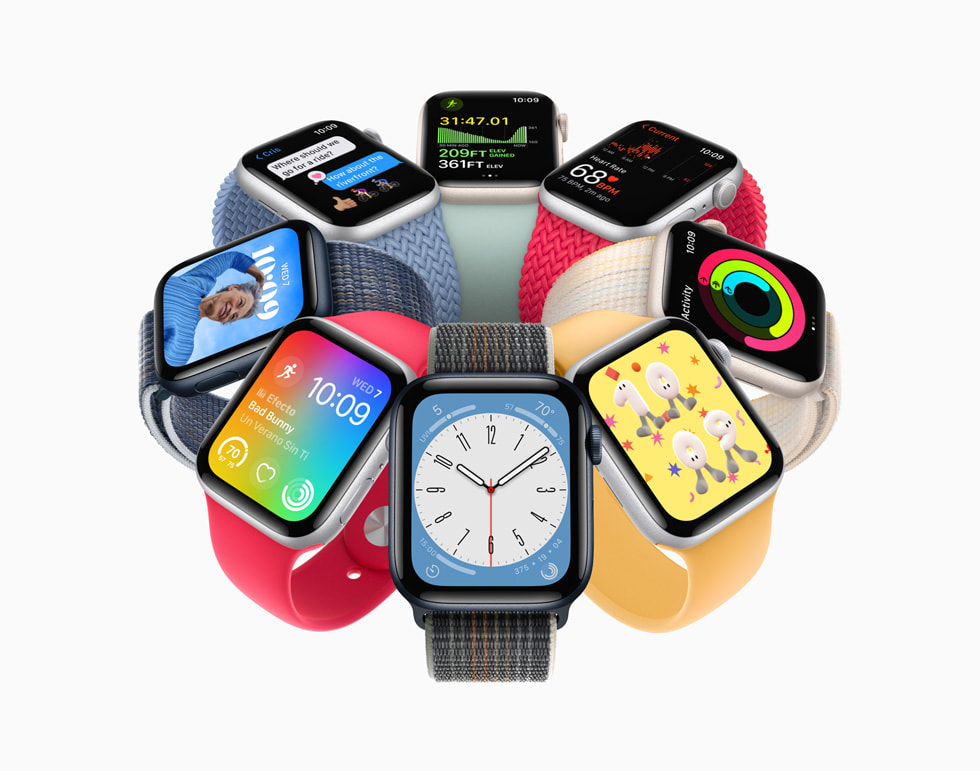 Åtte Apple Watch SE-enheter som viser nye funksjoner i watchOS 9.