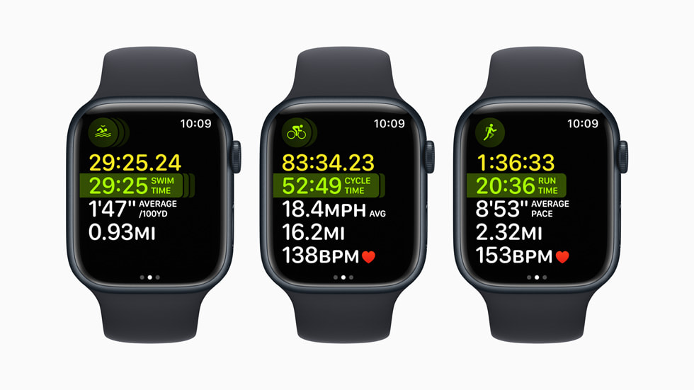 Tre Apple Watch Series 8-enheter som viser ulike øyeblikk i en Multisport-økt, med blant annet svømming, sykling og løping.