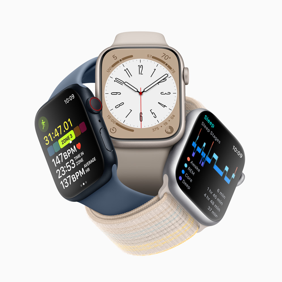 Tre Apple Watch-enheter sammen, som viser pulssoner i Trenind-appen, den nye Metropolitan-urskiven og søvnstadier.