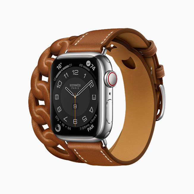 Apple Watch Hermès Gourmette Double Tour, Fauve Barénia deriyle birlikte gösteriliyor.