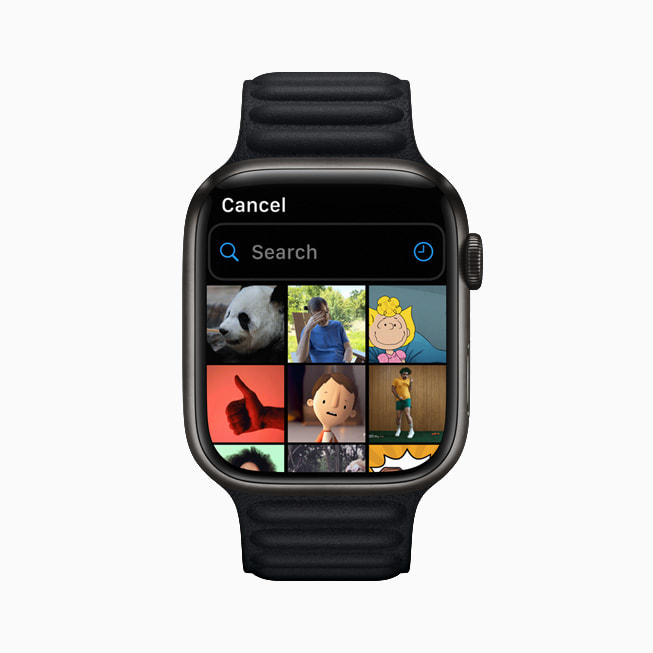 Apple Watch Series 7, der viser GIF-muligheder i Beskeder-appen.