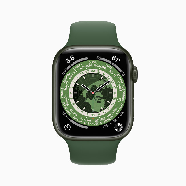 Apple Watch Series 7 vises med den klassiske urskive Verdensur.