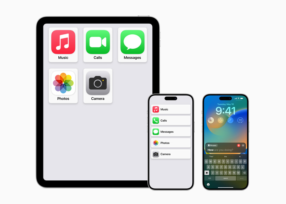 Assistive Access Home Screen layouts on iPad and iPhone next to a Live Speech recording displayed on iPhone.